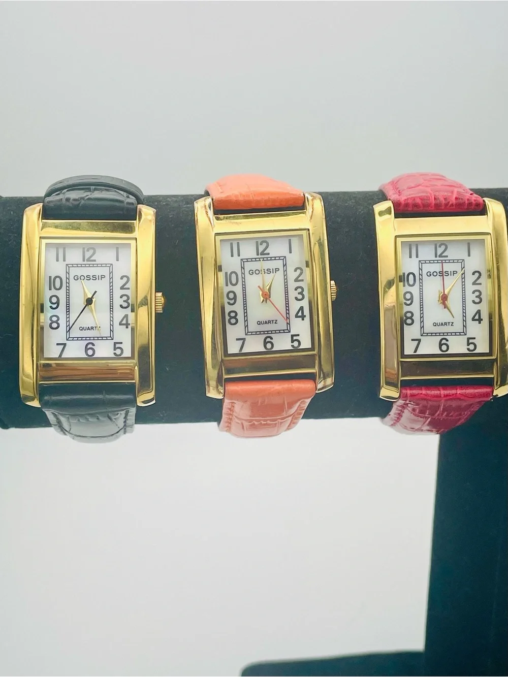 3 Gossip Gold-Tone Rectangular Watches with Black, Orange and Red Leather Straps